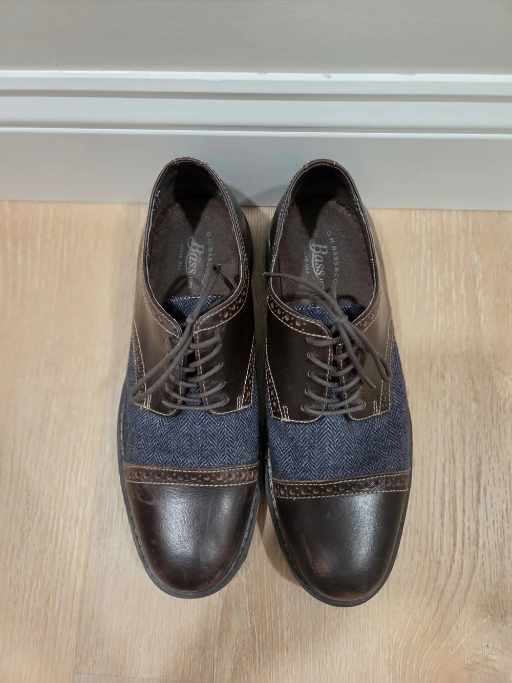 G.H. Bass & Co. Brown Leather and Navy Fabric Wingtip Oxfords